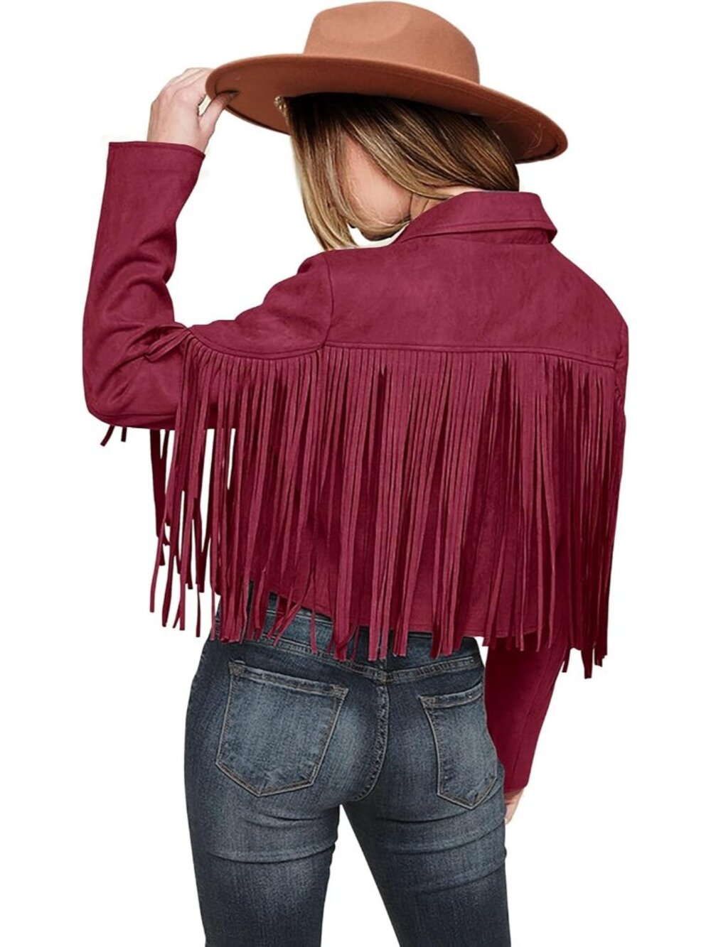 Women's Wine Red Long Sleeve Slim Fall Fringe Suede Faux Leather Winter Jackets